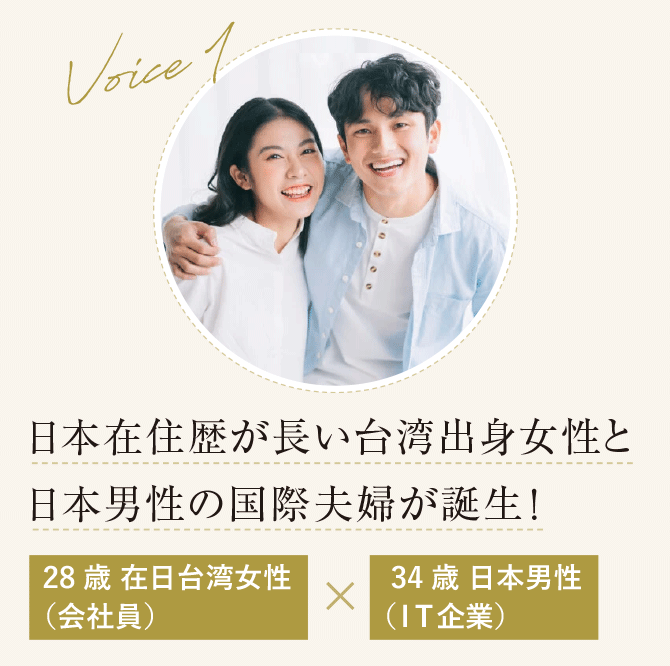 在日台湾女性（会社員）と日本男性（IT企業）の国際結婚